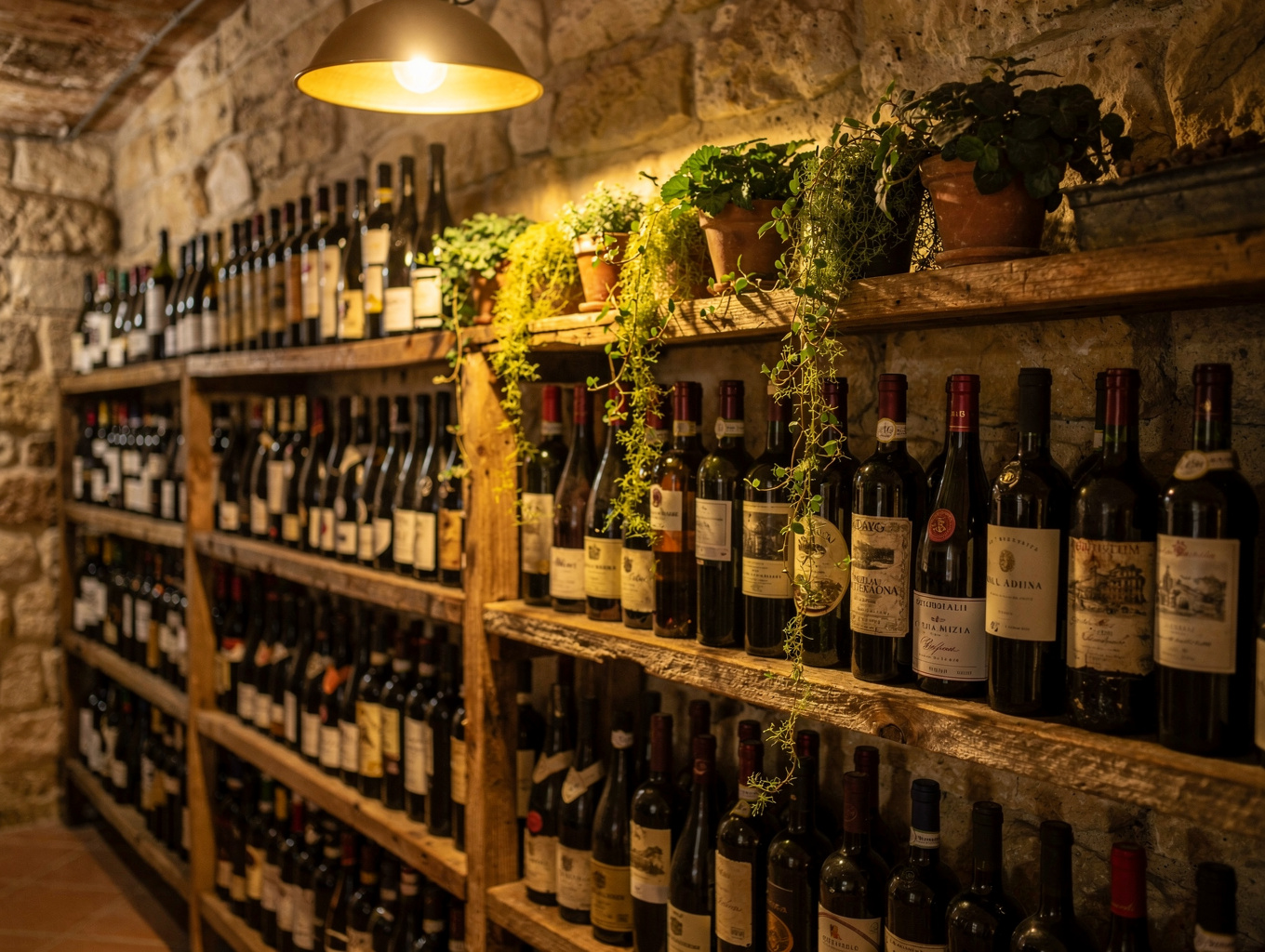 Aged vintage Italian wine bottles on oak cellar racks
