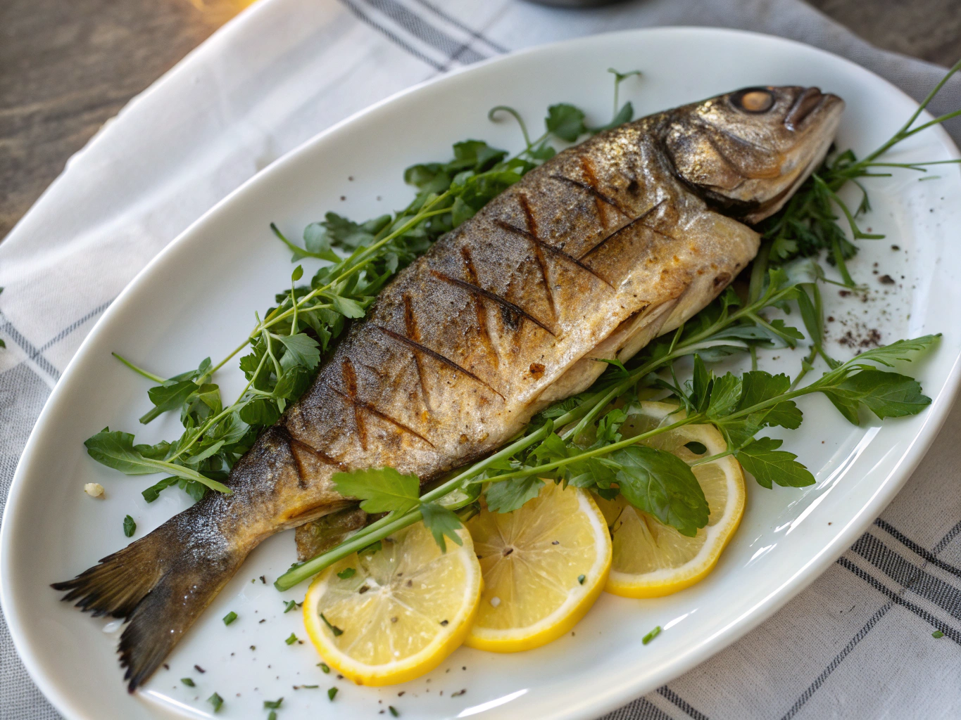 Plated roasted sea bass with fresh herbs and lemon slices