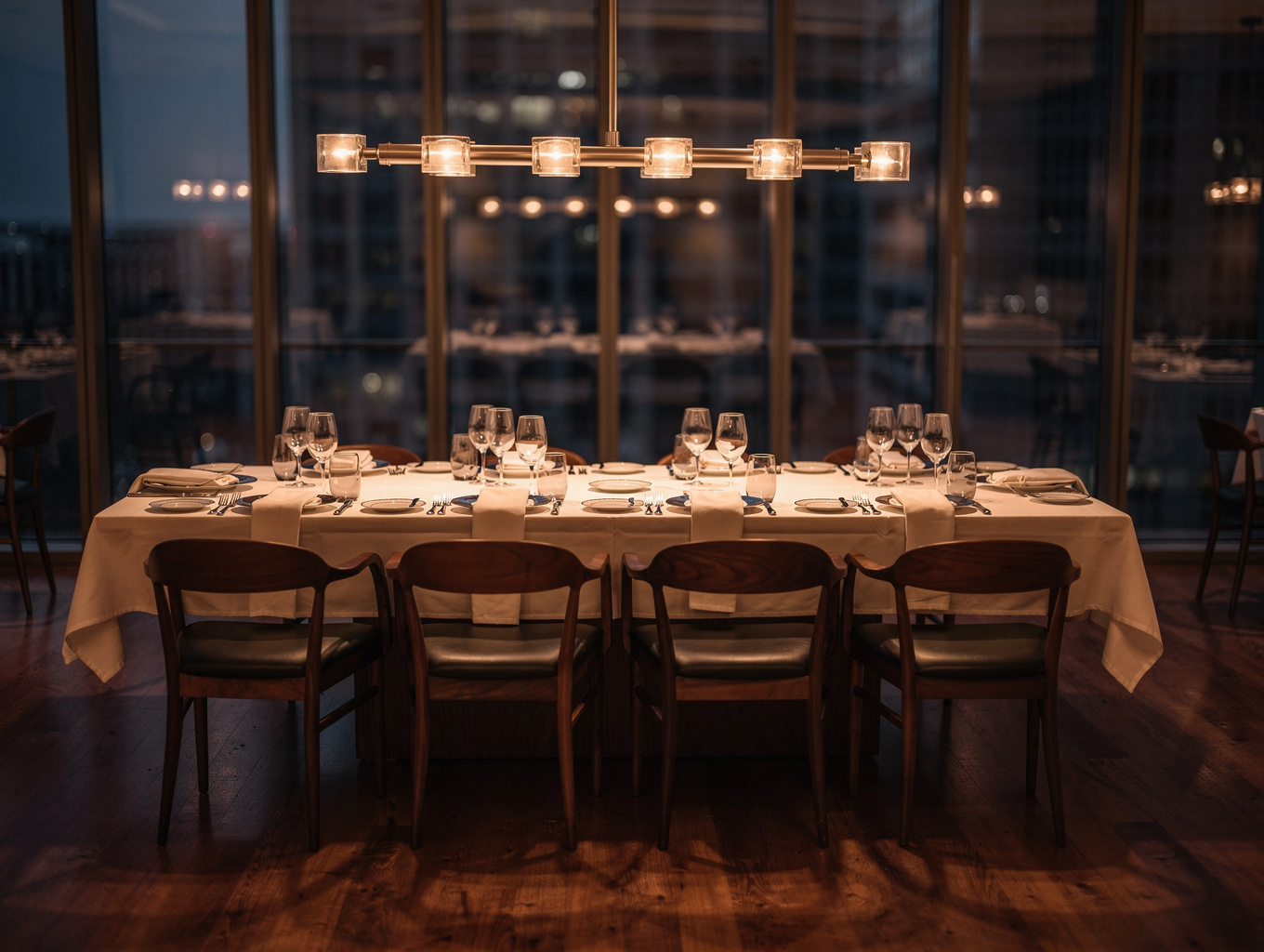 Elegant restaurant dining room with soft warm lighting and stone walls