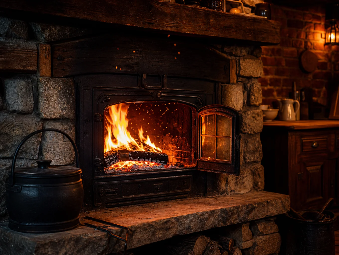 Glowing embers and flames inside the traditional stone hearth