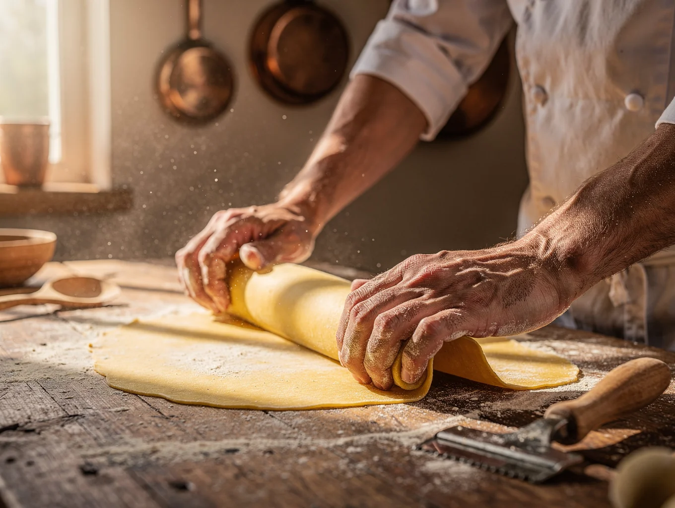 Chef hand-rolling fresh pasta dough in the open kitchen