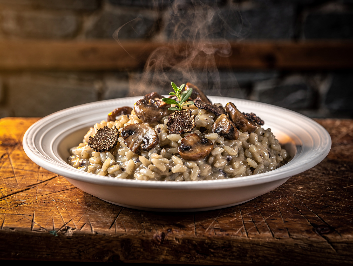 Creamy wild mushroom risotto served in a shallow ceramic bowl