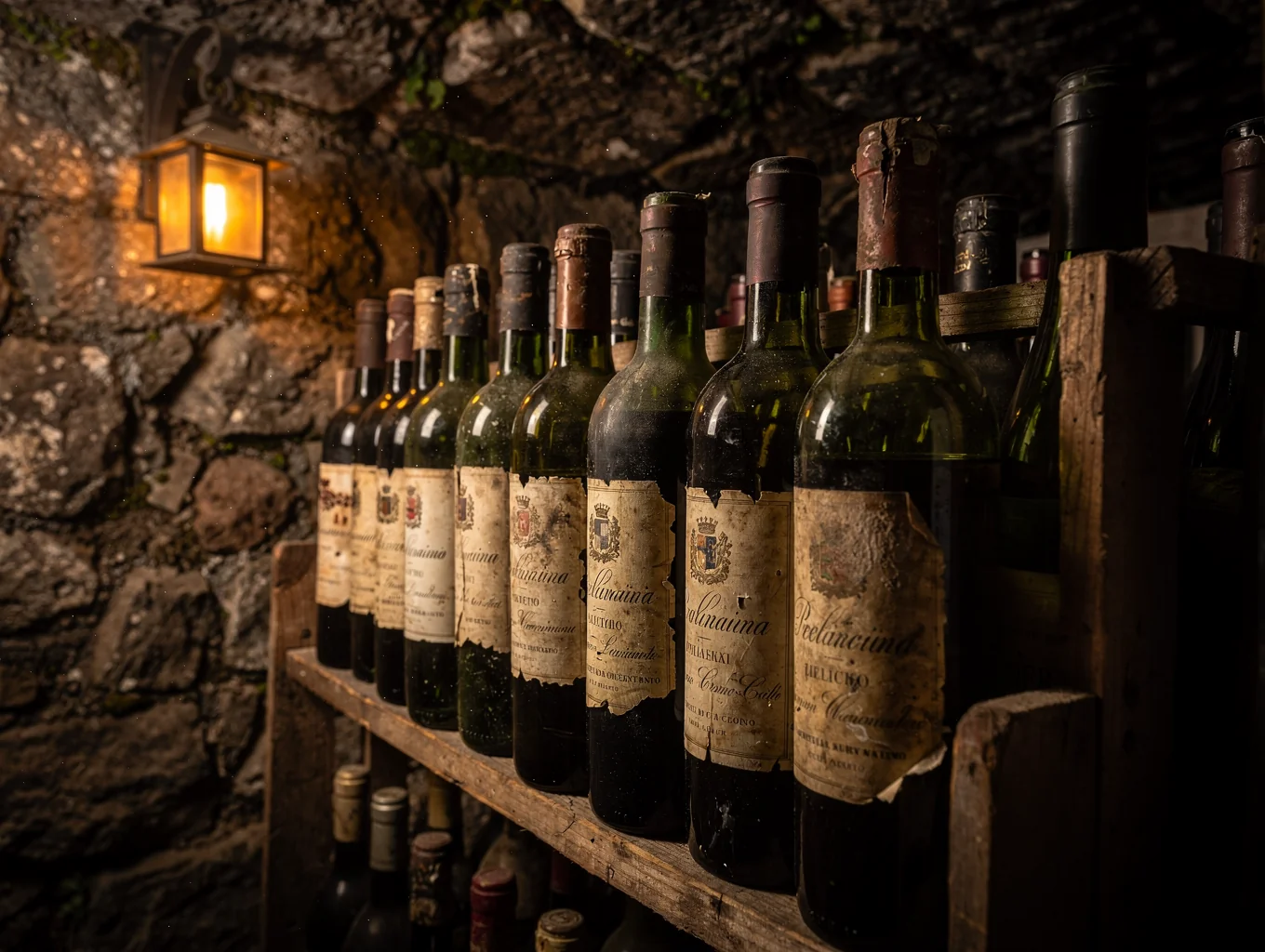 Rows of Italian wine bottles displayed in a rustic stone cellar