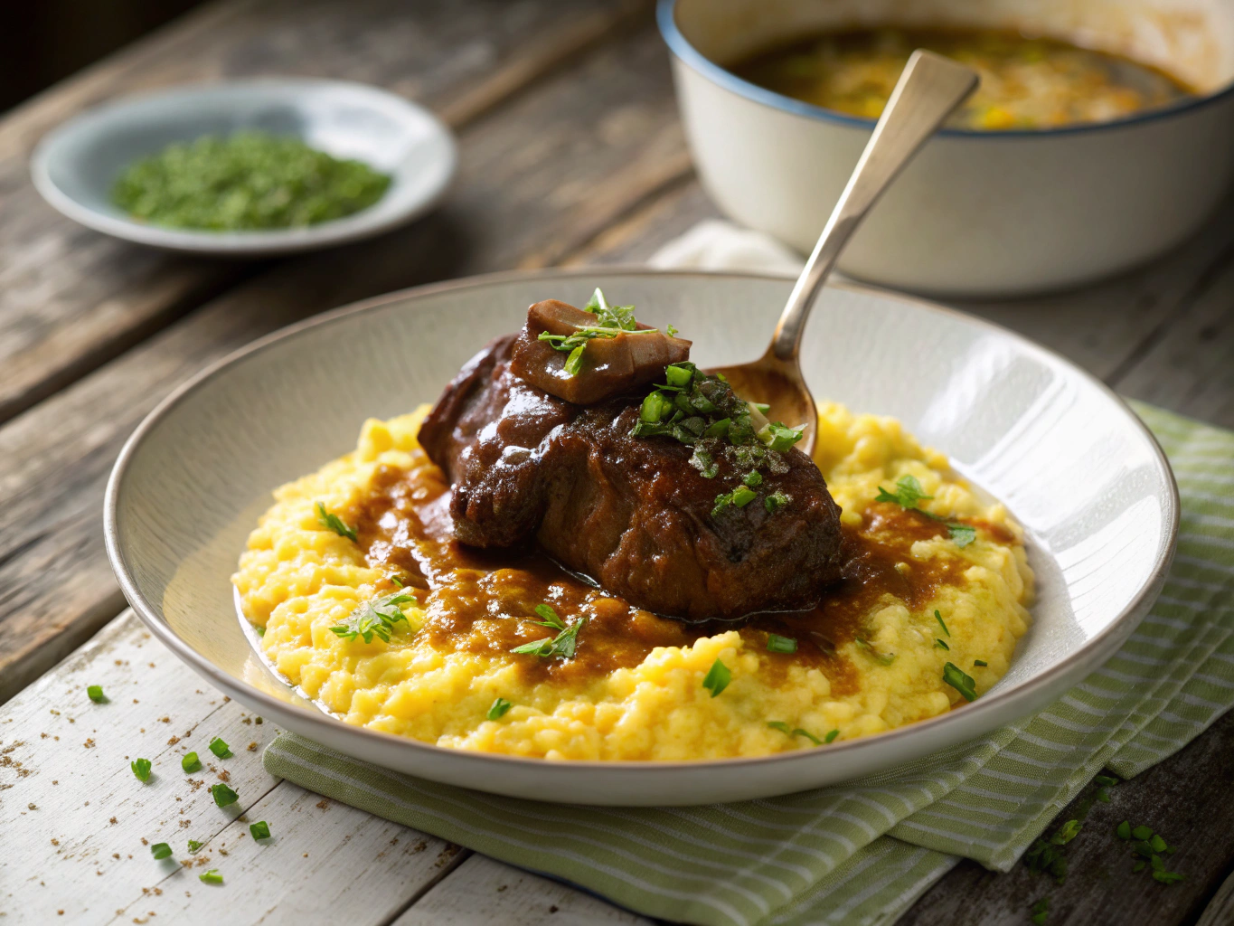 Tender veal shank served over vibrant yellow saffron risotto