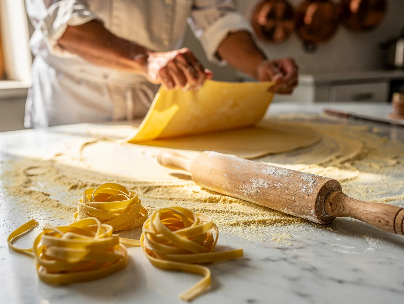 Freshly rolled pasta dough on a marble workstation