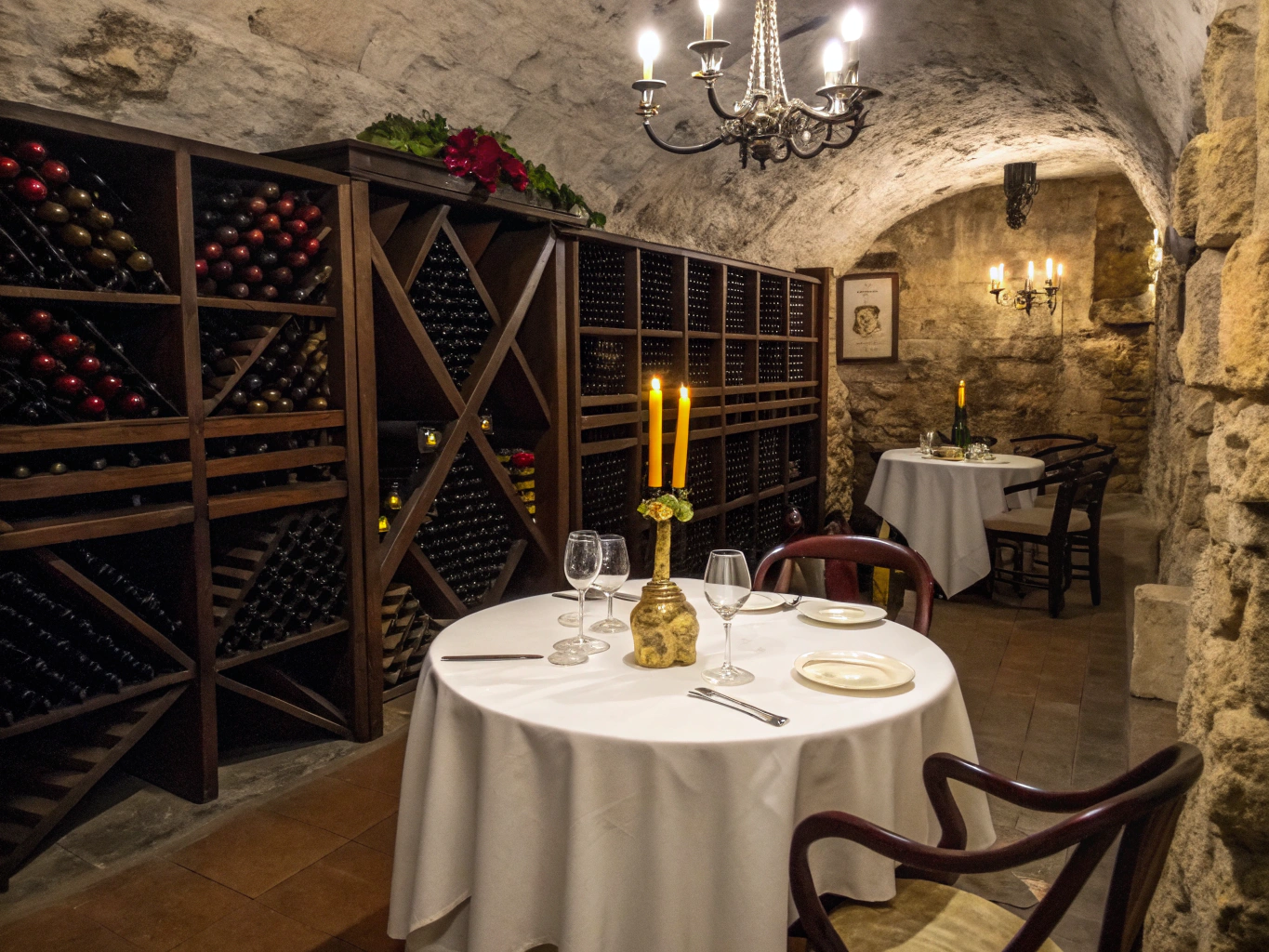 The Cellar private dining room with vintage wine racks and long wooden table