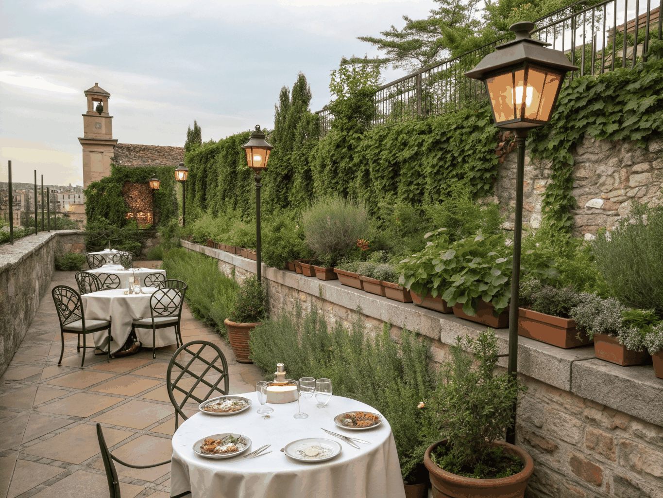 The Solarium garden terrace with olive trees and warm ambient lighting