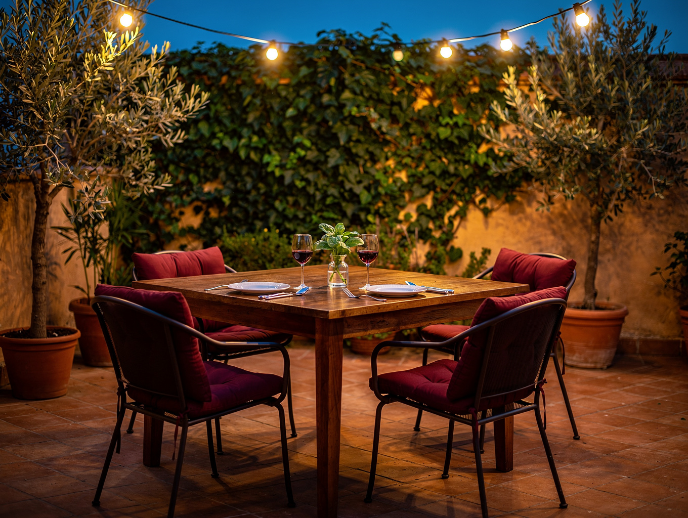 Outdoor terrace dining area with warm lantern lighting