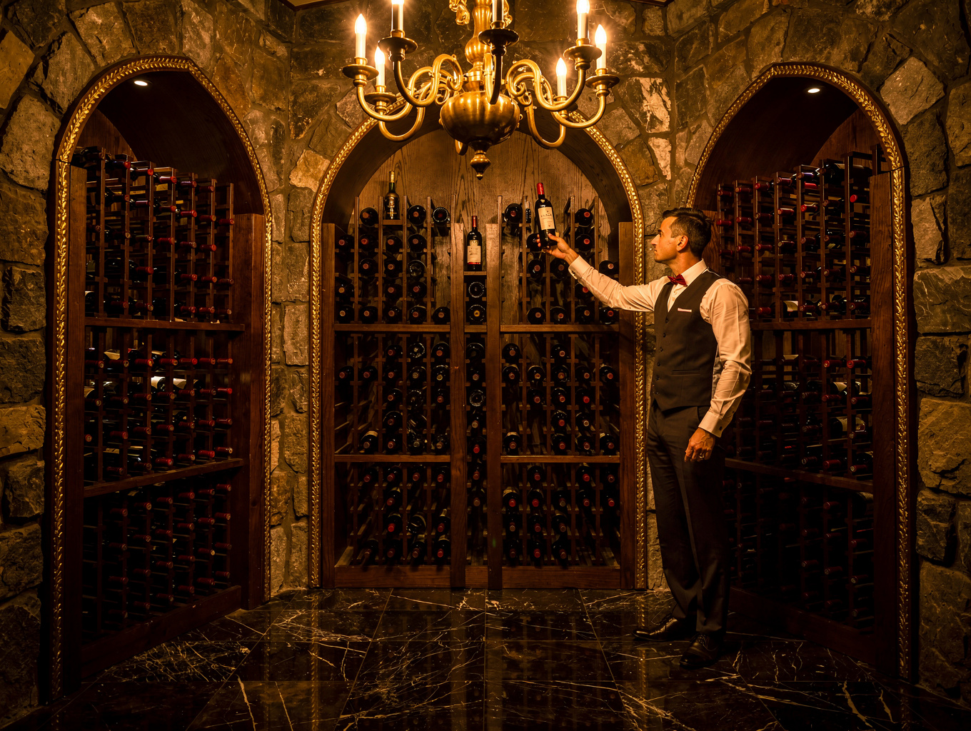 Elegant wine cellar shelves with curated Italian bottles