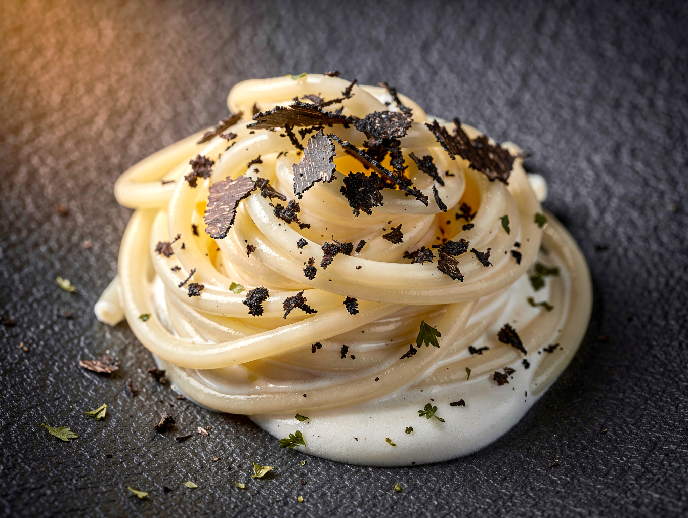 Handmade tagliatelle topped with fresh shaved black truffles