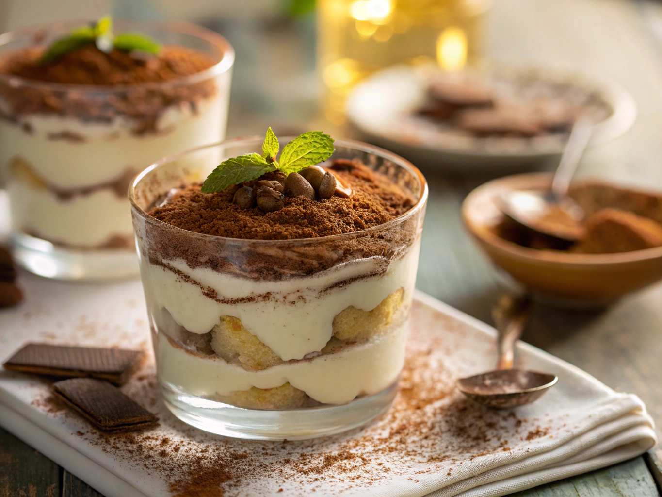 Classic tiramisu served in a glass with cocoa dusting